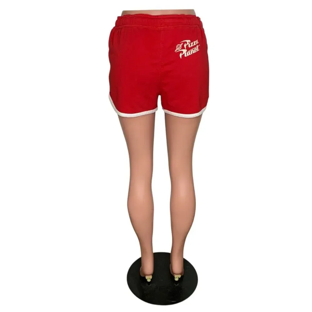 Disney Junk Food Y2K Short Toy Story Pizza Planet Print on Back Red White Size M